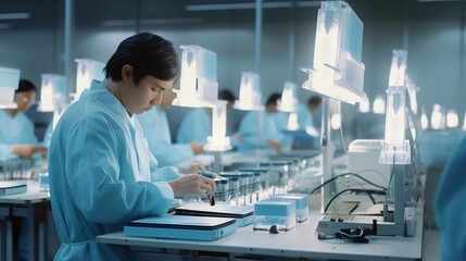 Naklejka premium When producing medical plastic forms for surgical kits on an automated machine production line, workers utilise clipboards to monitor quality.