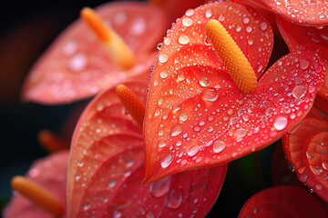 Anthurium flower petals with water drops on it. Close up.