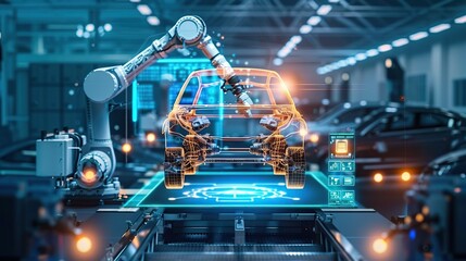 Car Factory Digitalization: Automated Robot Arm Assembly Line Manufacturing High-Tech Sustainable Electric Vehicles