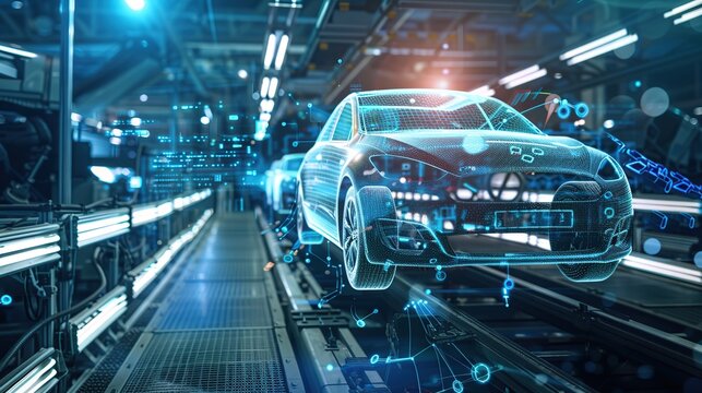 Car Factory Digitalization: Automated Robot Arm Assembly Line Manufacturing High-Tech Sustainable Electric Vehicles