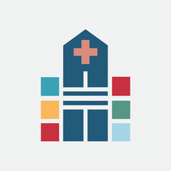 Obraz premium A simple icon depicting a hospital building with a red cross on the front and colorful square blocks on the sides, Clean lines and soft color palette for a timeless look