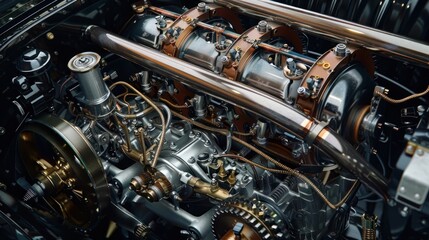 Engine and Motor Parts detail, Metallic Automotive Technology, Car Power System with Mechanical and Steel Elements