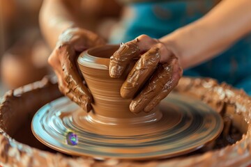 Hands Shaping Clay on Pottery Wheel in Sunlit Studio