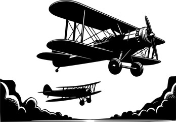 Silhouette airplane on the sky, biplane on the sky, vintage military air force illustration © создать 8 углов