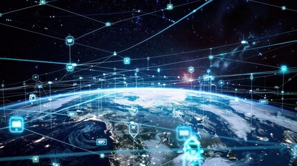 Fototapeta premium Abstract world map, concept of global network and connectivity, international data transfer and cyber technology, worldwide business, information exchange and telecommunication