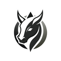 A black and white logo design featuring a minimalist bull head with stylized horns and a circle outline, Craft a minimalist logo inspired by the elegant shape of a rhino's head