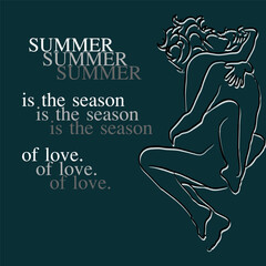 Vector illustration featuring a romantic couple, accompanied by a textual overlay featuring phrases related to summer and romance. The illustration can be utilized for both advertising and decorative 