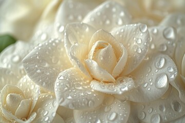 Gardenias flower petals with water drops on it. Close up.