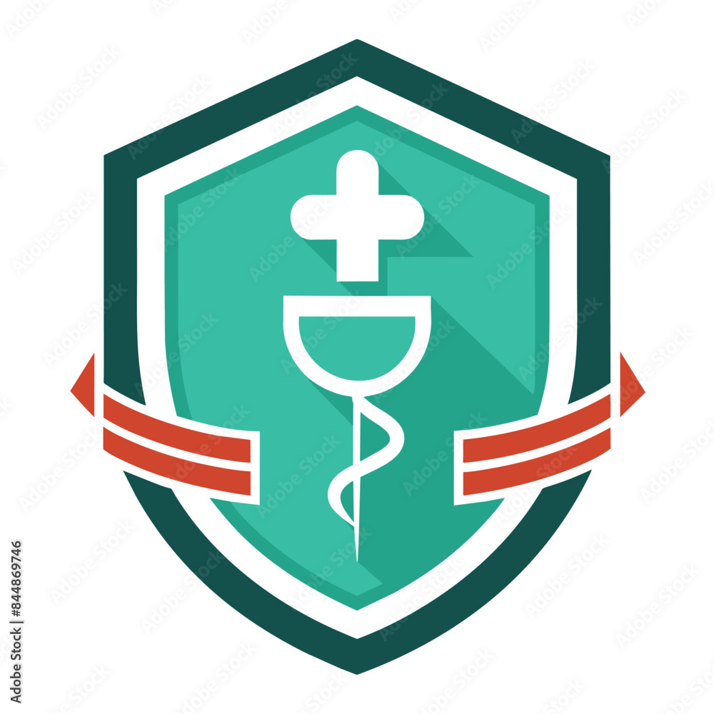 Sticker A stylized, minimalist emblem featuring a green shield with a medical symbol and red arrows, Create a minimalist emblem for a cutting-edge healthcare device