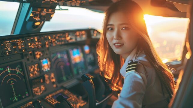 Asian woman pilot in a cockpit during sunset. Concept of aviation professional, women in STEM, air travel, female empowerment - Powered by Adobe