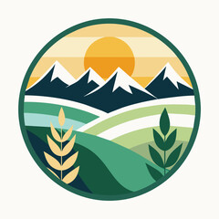 A minimalist logo featuring a mountain range silhouetted against a setting sun, with a wheat stalk in the foreground, Create a minimalist logo inspired by the beauty of the natural world