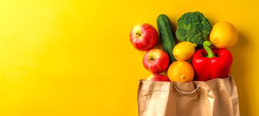 Paper bag filled with fresh vegetables and fruits against a yellow background. Groceries in a brown bag. Concept of healthy eating, grocery shopping, fresh produce, organic food. Copy space. Banner