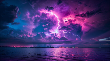Thunderous dark sky with clouds and  lightning ، and sea 
