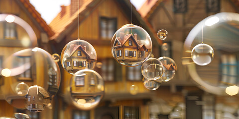 fantastical scene of a house encased in a transparent bubble, floating on a body of water, with a forest in the background.