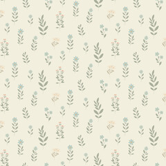Simple floral pattern features evenly spaced, delicate  flowers in soft pastel colors on a light, neutral background. For textiles, cotton fabric, covers, wallpaper, print, postcard, scrapbooking.
