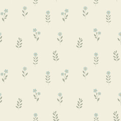 Simple floral pattern features evenly spaced, delicate  flowers in soft pastel colors on a light, neutral background. For textiles, cotton fabric, covers, wallpaper, print, postcard, scrapbooking.
