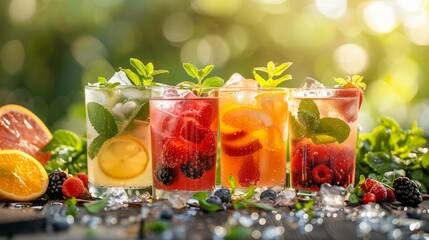 Fototapeta premium Colorful Summer Cocktails with Citrus, Mint, and Berries, Refreshing Iced Drinks with Lemon, Orange, Strawberry, Raspberry, and Blackberry