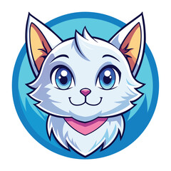 Fototapeta premium A cartoon white cat head logo mascot with blue eyes and a pink collar, set against a light blue circle, Cute White Cat Head Logo Mascot