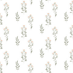 Simple floral pattern features evenly spaced, delicate  flowers in soft pastel colors on a light, neutral background. For textiles, cotton fabric, covers, wallpaper, print, postcard, scrapbooking.
