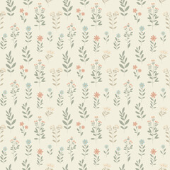 Simple floral pattern features evenly spaced, delicate  flowers in soft pastel colors on a light, neutral background. For textiles, cotton fabric, covers, wallpaper, print, postcard, scrapbooking.
