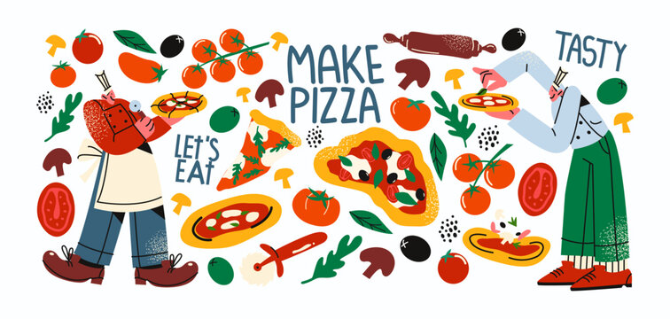 Cartoon set pizza men and pizza. Stickers of Italian cuisine cooking pizza, a national dish. Pizza makers bakers characters and trendy food stickers in 90s doodle groovy style
