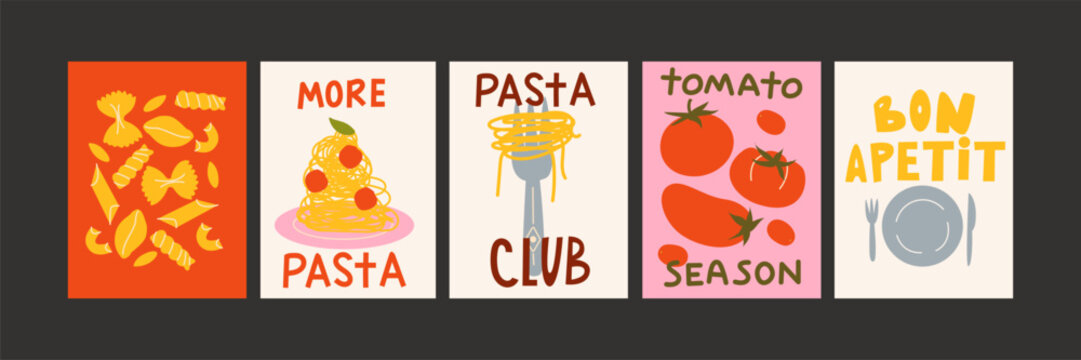 Abstract pasta posters with Italian food for the kitchen. Culinary compositions in the fashionable cartoon style of Matisse. Decor for kitchens, cafes and restaurants. Minimalist banners for wall deco