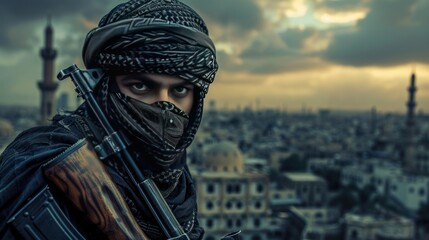 Muslim warrior soldier face covered against the backdrop of city buildings background wallpaper AI generated image