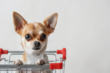 Chihuahua in a shopping trolley on a white background, trade and commercial use with copy space
