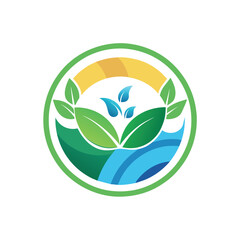 Fototapeta premium A circular logo featuring green leaves, blue water, and a yellow sun representing sustainability, Design a minimalist logo for a sustainability-focused NGO
