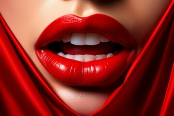 Fototapeta premium Macro photo of a woman's mouth with red lipstick, partially draped in silk