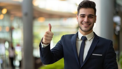 Fototapeta premium Businessman Giving Thumbs Up In Office Building
