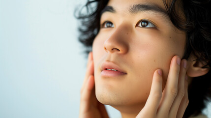 Young Man Smiling and Touching His Face