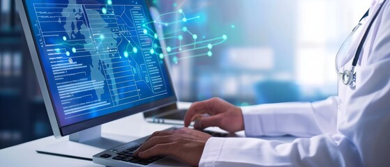 Doctor Using Computer With World Map and Network Data