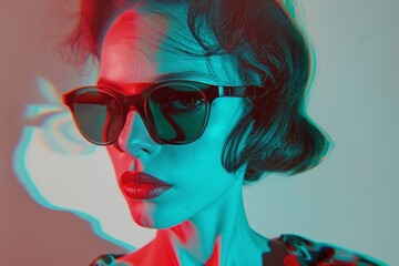 Detailed anaglyph close-up of a person wearing sunglasses in a striking red and blue 3D visual effect