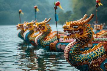 Obraz premium Head of Chinese dragon statue. Dragon Boat Festival. Colorful boat racing in Taiwan. Close up shot of front of dragon boat head. Competitive racing on river. Asian National Holiday