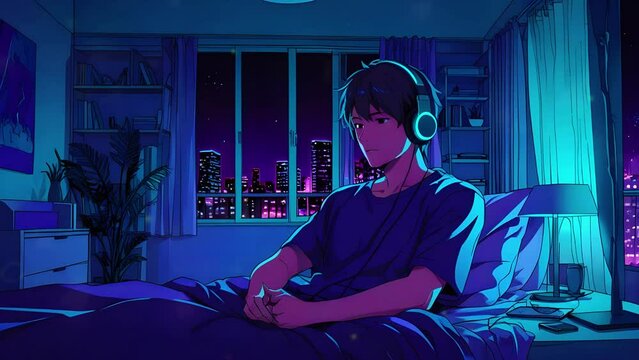 Lofi Boy Relaxing Music Headphones, sunset clouds study night, Anime style Seamless loop chill hip hop Cyan purple colours manga style music lofi bites vibes Relaxing animation