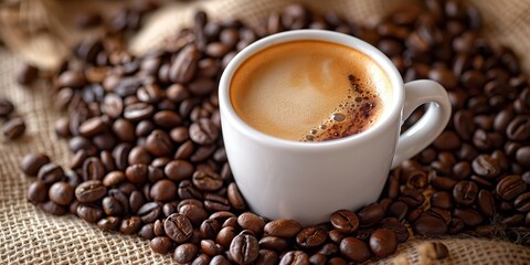 Naklejka premium A white cup filled with espresso coffee, surrounded by roasted coffee beans on burlap