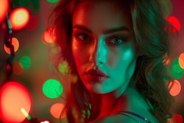 Fototapeta premium Striking woman’s portrait with vivid bokeh light effects and a seductive gaze