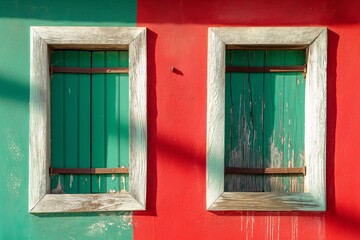 Obraz premium Two rustic green wooden shutters set into a vibrant red wall, reflecting a traditional style