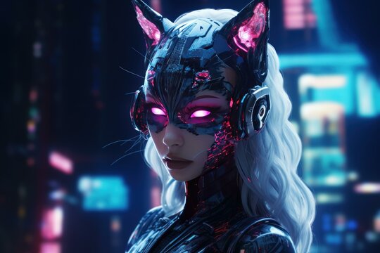 Futuristic digital artwork of a woman with cat mask and glowing eyes in a neon-lit setting