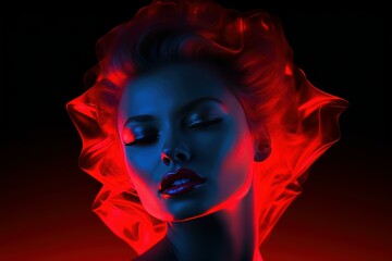 Stylized portrait of a woman with vivid neon lighting and abstract background