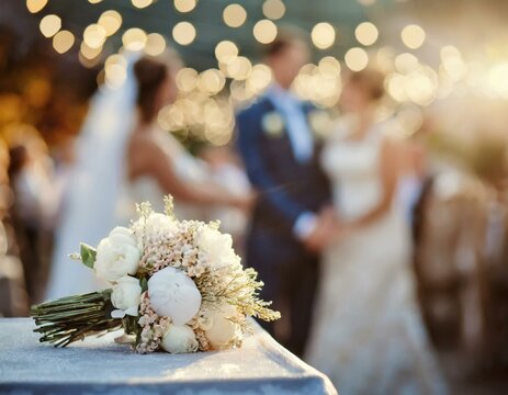 Bukiet ślubny w tle para młoda