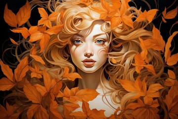 Digital art of a woman with wavy hair surrounded by vibrant autumn leaves