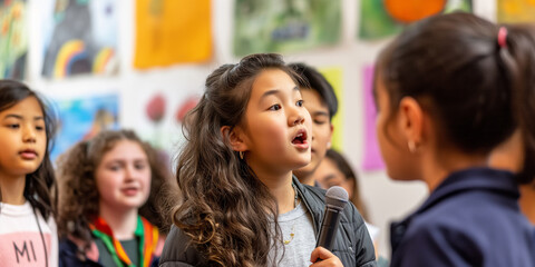 Obraz premium Classroom Harmony: Schoolgirl Leading Friends in Song 