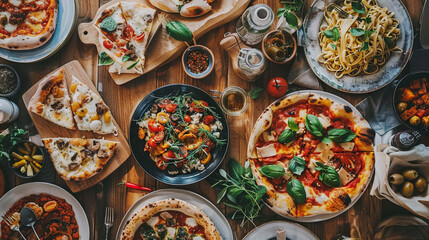 Assorted italian food  pizza pasta at the table 