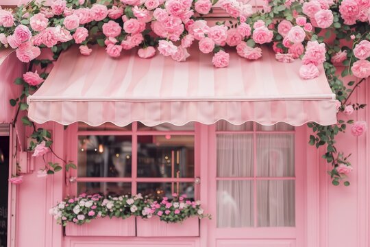 Pink flower shop with windows decorated with flowers. Pink window frames with flowers in pots