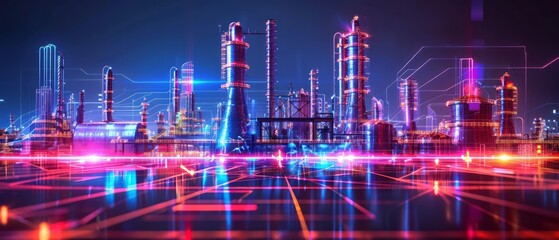 Obraz premium Illuminated Industrial Complex at Night With Digital Network