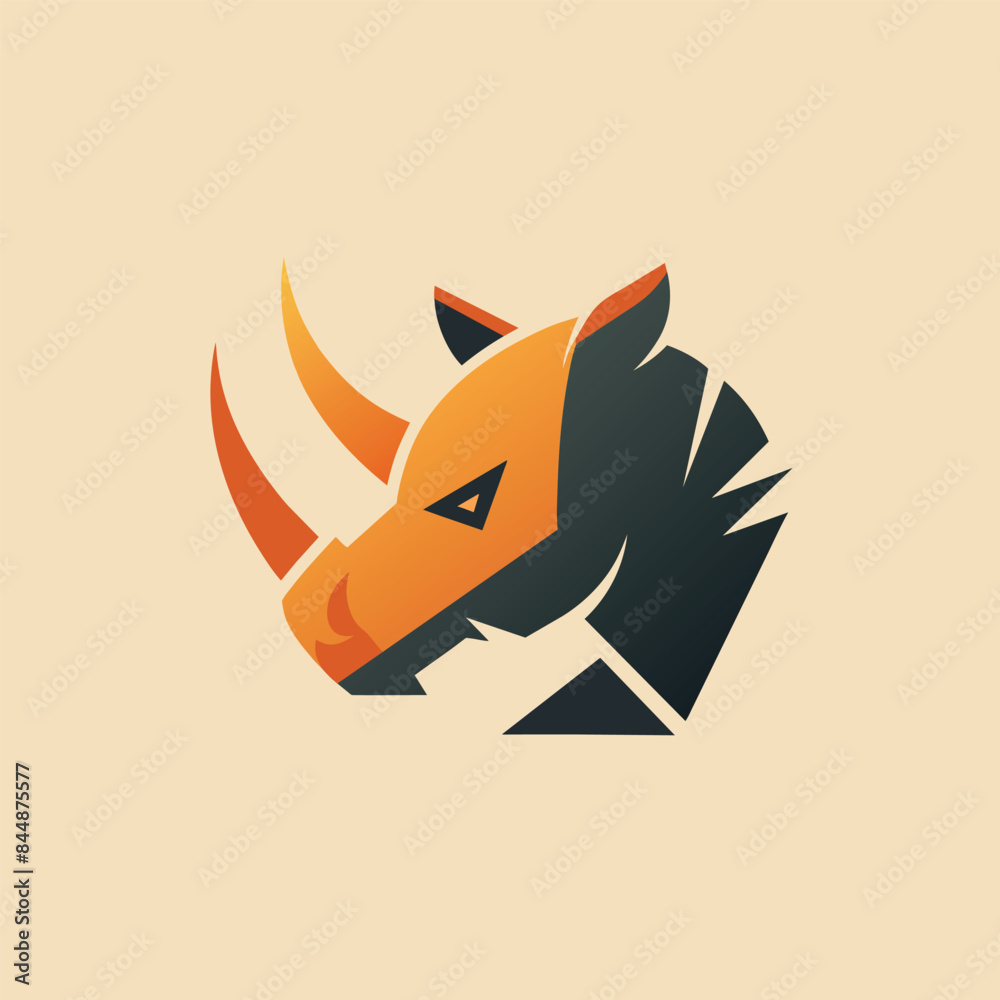 Sticker An orange and black illustration of a rhino head using negative space to create a minimal design, Experiment with negative space to create a minimalist logo of a rhino