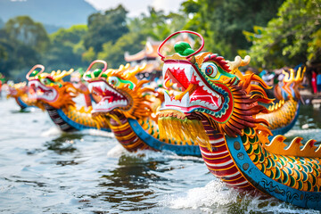 Head of Chinese dragon statue. Dragon Boat Festival. Colorful boat racing in Taiwan. Close up shot...