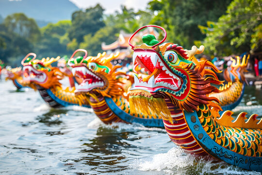 Head of Chinese dragon statue. Dragon Boat Festival. Colorful boat racing in Taiwan. Close up shot of front of dragon boat head. Competitive racing on river. Asian National Holiday